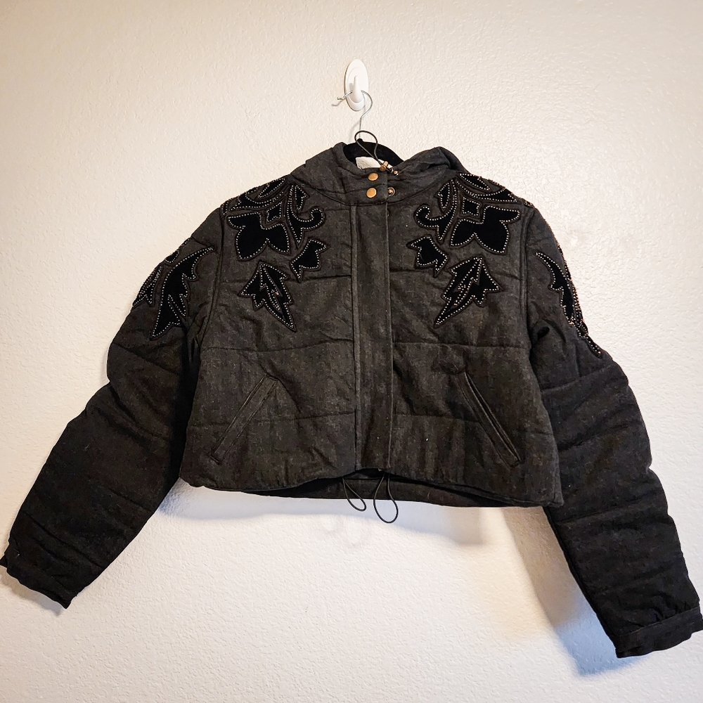 Free People Black Puffer Jacket with Embroidered Details